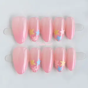 Sugar Frost Bloom Handmade Press-On Nails | Short Almond Shape, 10pcs Handmade | Nude Pink Base + Macaron Sugar Frost Flower Hand-painted | High Gloss Finish | Reusable DIY Nail Kit for Spring/Summer Daily/Date/Outing | Trendy Sweet Aesthetic Look