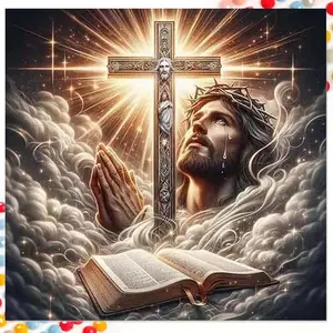 5D DIY Full Drill Round Diamond Painting - Diamond Art Kit Cross, Praying Hands, Bible Mosaic, Canvas - DIY Decorative Painting, Home Wall Decoration, Suitable for Halloween and Christmas, Birthday and Anniversary Gifts