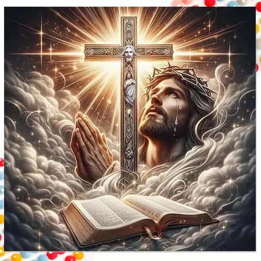 5D DIY Full Drill Round Diamond Painting - Diamond Art Kit Cross, Praying Hands, Bible Mosaic, Canvas - DIY Decorative Painting, Home Wall Decoration, Suitable for Halloween and Christmas, Birthday and Anniversary Gifts, Handcraft