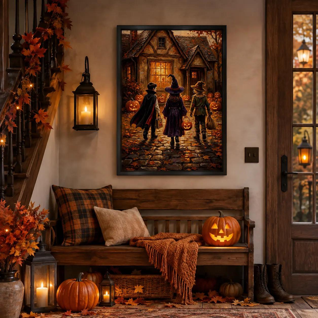Vintage Halloween Trick or Treat Kids Canvas Wall Art, Retro Witch Vampire Scarecrow Children Pumpkin Painting, Fall Halloween Home Decor Poster