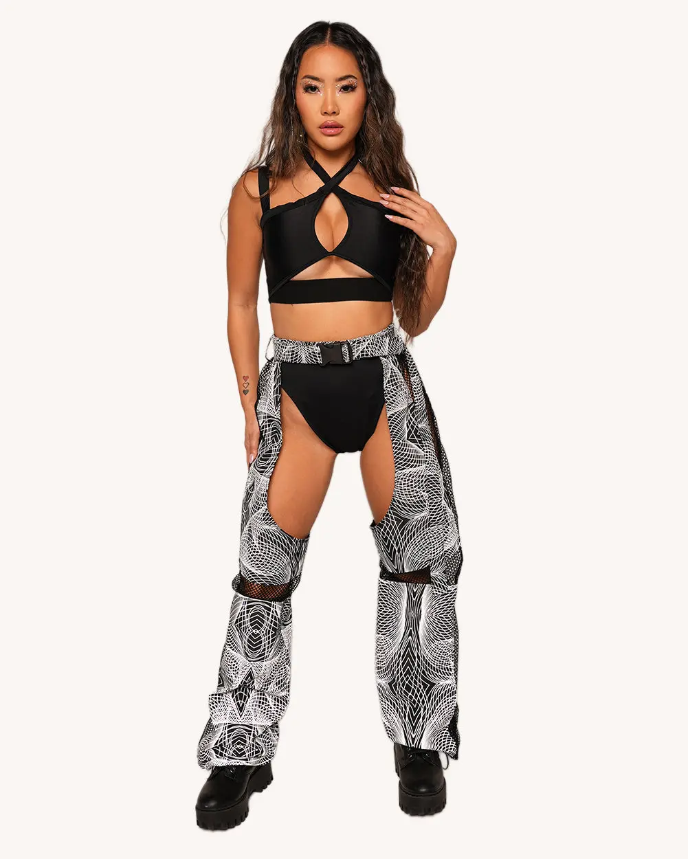 Women's Stretchy Elastic Reflective Fishnet Chaps - Matrix Print, Side Cut-Outs, Adjustable Belt - Raver Flash Costumes Accessories, Original, Women's Clothes, Open Hips, Dark Aesthetic, Fishnet Panels, Night Out, Side Cuts