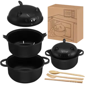 Large 45oz Cute Ramen Bowl Set Microwavable Pig Ramen Noodle Cooker Wheat Straw Bowl with Strainer Lid Handle Spoon Chopsticks Fork Gift for Home Dorm College(Black,1 Set)