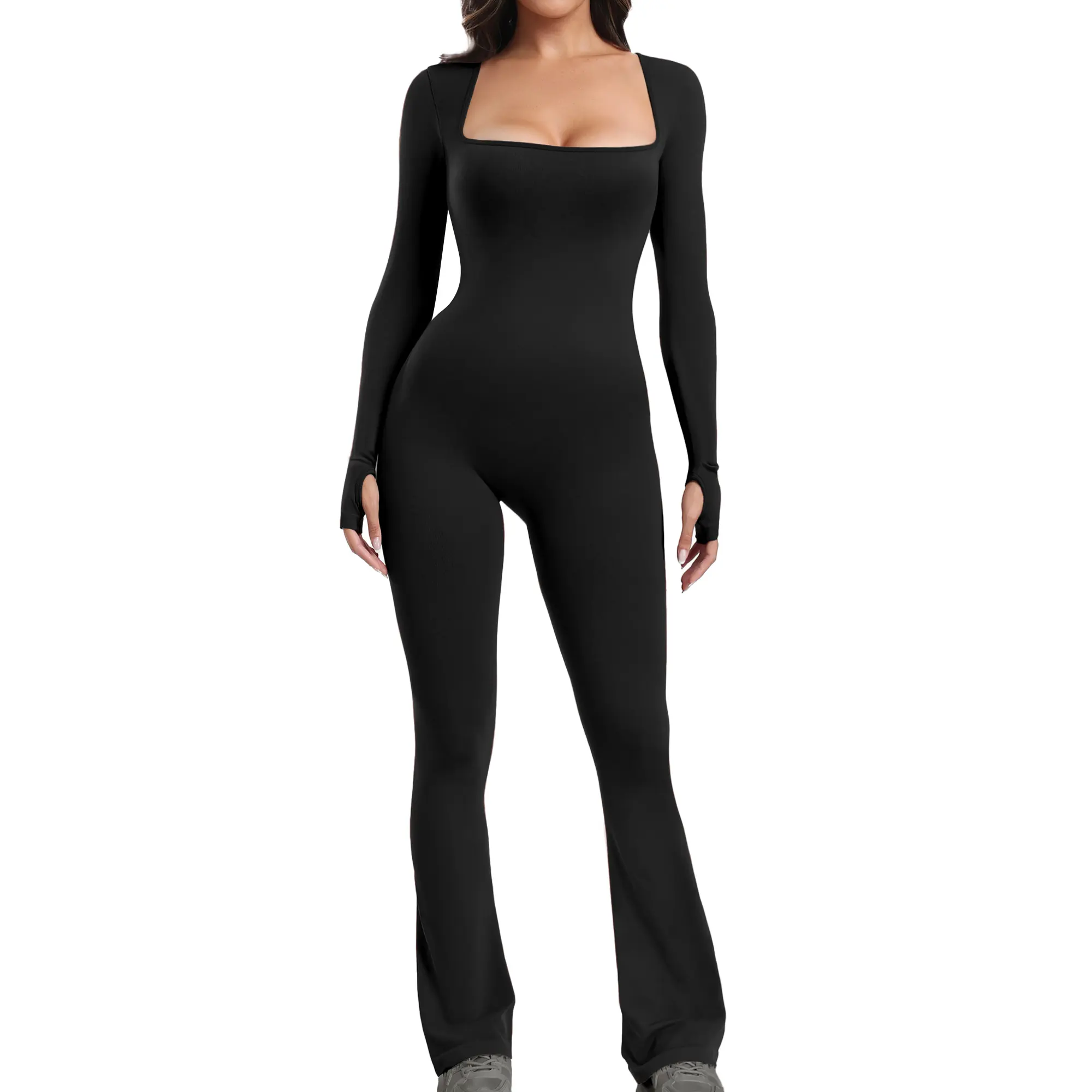 Long Sleeve Flare Wide Leg Jumpsuits Square Neck Full Length Jumpsuits