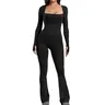 Long Sleeve Flare Wide Leg Jumpsuits Square Neck Full Length Jumpsuits