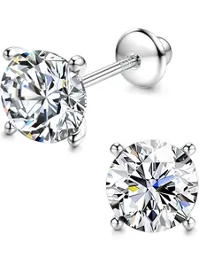 Screw Back Earrings 925 Sterling Silver Cubic Zirconia Earrings Studs For Women Birthday Christmas Gift Brilliant Round CZ Cartilage Earring 1.5 CTW (0.75 Ct Each/6.00MM)