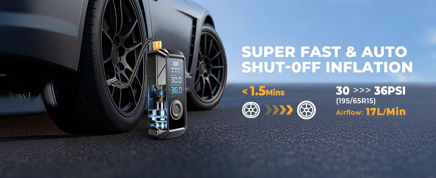 Tire Inflator, & 12V DC Air Inflator for Car Bikes MotorcycleTires Balls with Auto Shut-Off, Pressure Gauge, Compact Emergency Pump