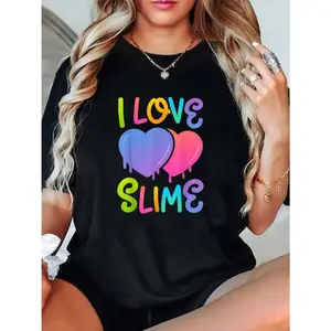 Women's I LOVE SLIME Graphic T-Shirt - 100% Casual Short Sleeve Crew Neck Tee with Colorful Heart Print, Lightweight 180gsm Summer Top for Casual Attire & Casual Outings