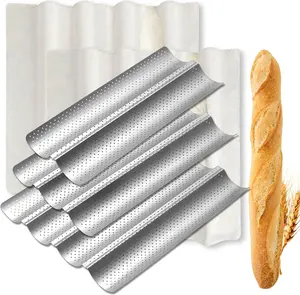 5 Pack Nonstick Baguette Bread Pan for French Bread Baking, 15 Inch Baguette Baking Tray for Sourdough, With 2 Pcs Proofing Cloth, Fits 2/3/4 Loaves, Creates Crisp Golden Brown Crust