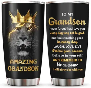 To My Grandson Tumbler – Lion King Crown Design Stainless Steel Cup 20oz, Birthday Gift for Grandson, Graduation Present, Christmas Gift from Grandma or Grandpa, Inspirational I Love You Quote Travel Coffee Mug, Insulated Drinkware