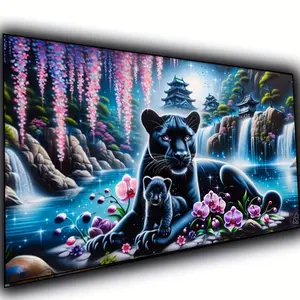 1 PC Vibrant Black Panther Mum And Cub Waterfall landscape flowers- Psychedelic Animal Art -Fantasy Wall Art 5D Diamond Painting Kit - DIY Full Drill Round Acrylic Diamond Art Mosaic Craft for Home Decor 40x70cm(15.75x27.56inch)