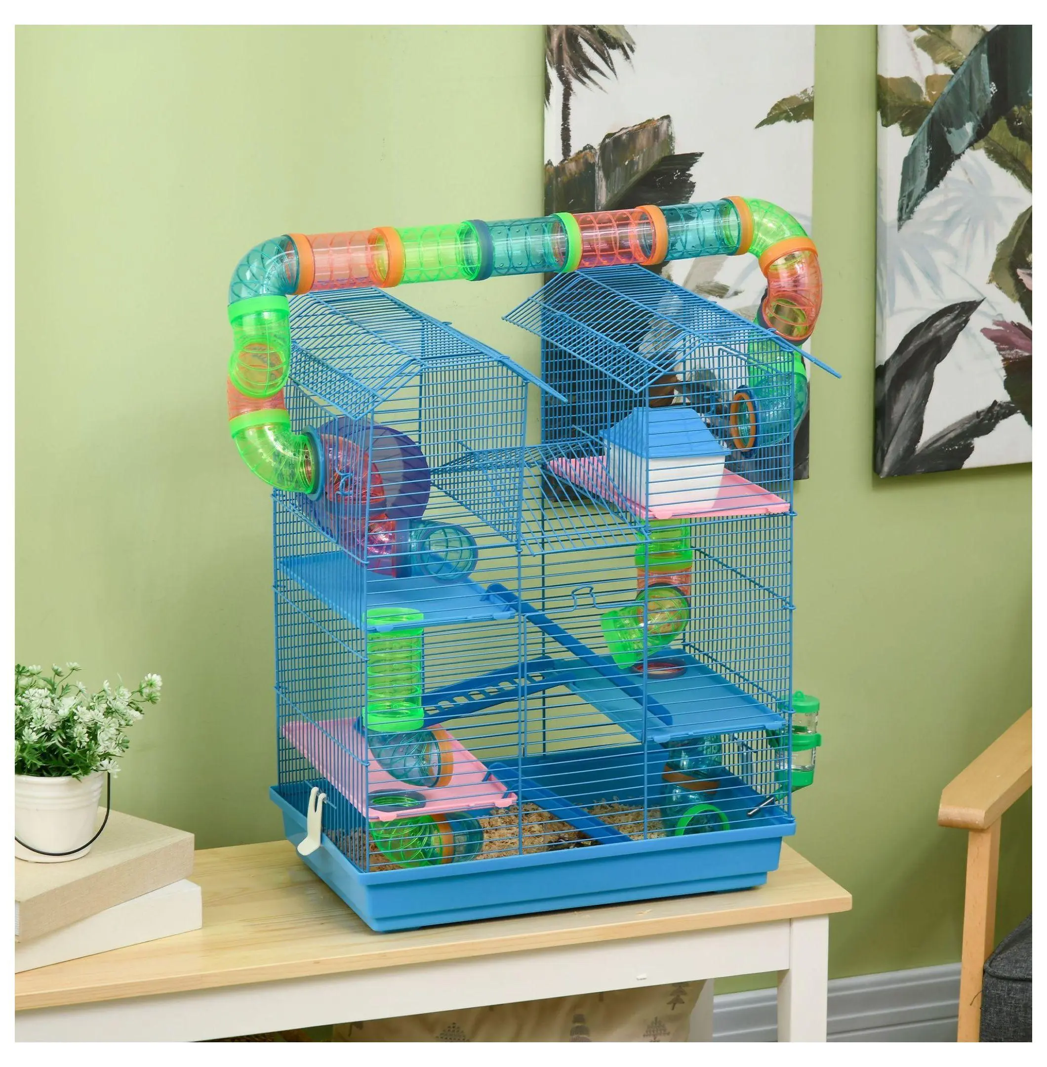 Hamster Cage 5 Tier, Small Animal Cage for Rats Gerbils, 18.5" Wire Cage with Wheel, Tube & Food Dish - Blue Sky Blue