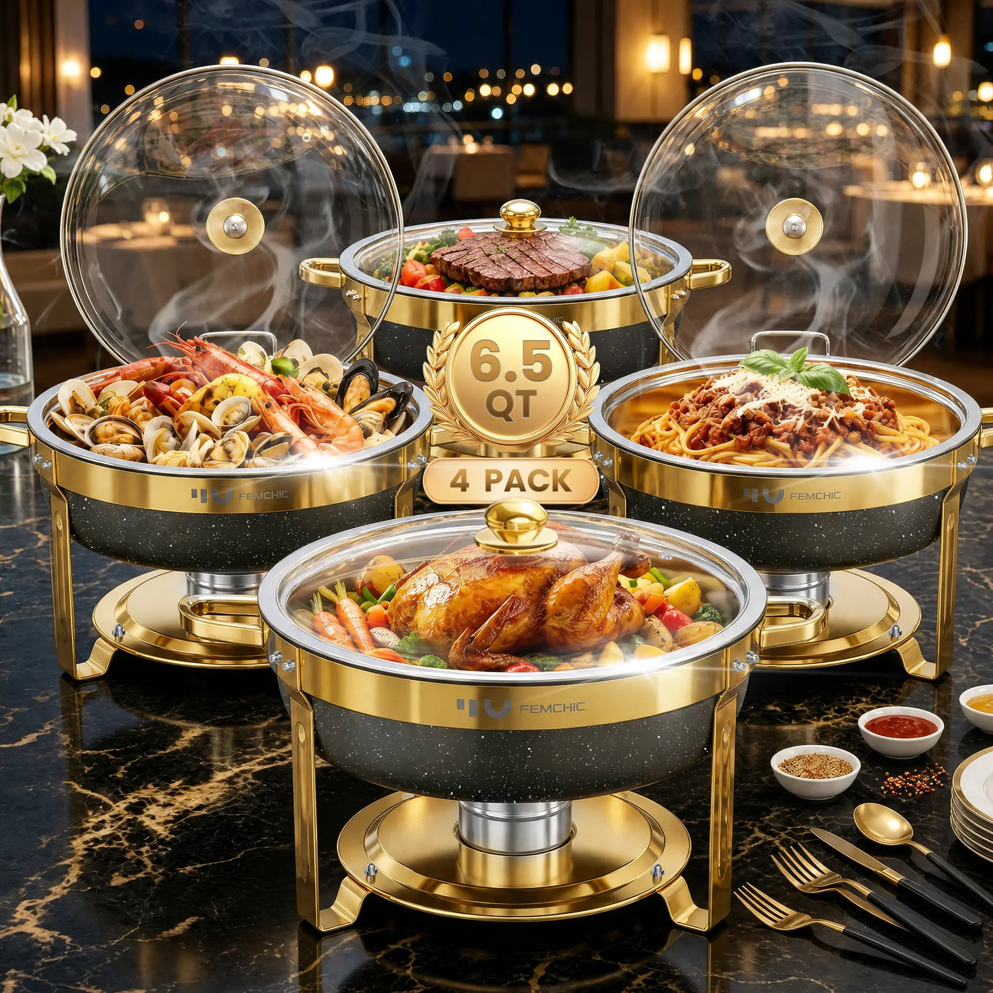 Femchic 6.5QT Maifanite-Coated Chafing Dishes for Buffet, 2/4 Pack Stainless Steel Round Chafer Set with Glass Lid, Stackable & Smooth Rim, Dishwasher Safe, for Catering, Parties, Weddings & Holiday Gatherings (White or Black Gold)