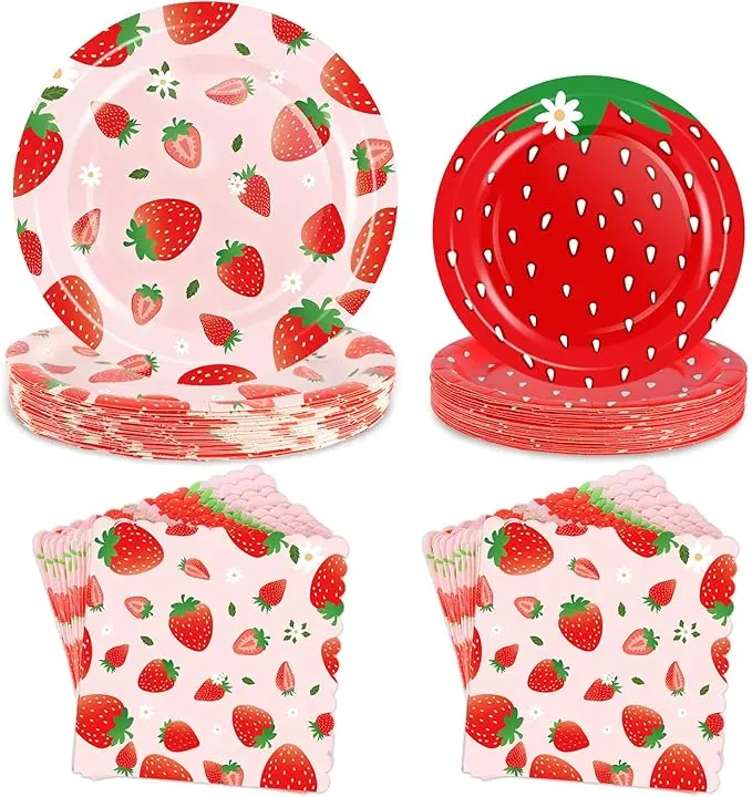 Strawberry Birthday Decorations, 75 Pcs Disposable Fruit Paper Plates and Napkins Tableware Set for Summer Sweet One 1st Baby Shower Berry First Strawberry Themed Party Supplies, Serves 25
