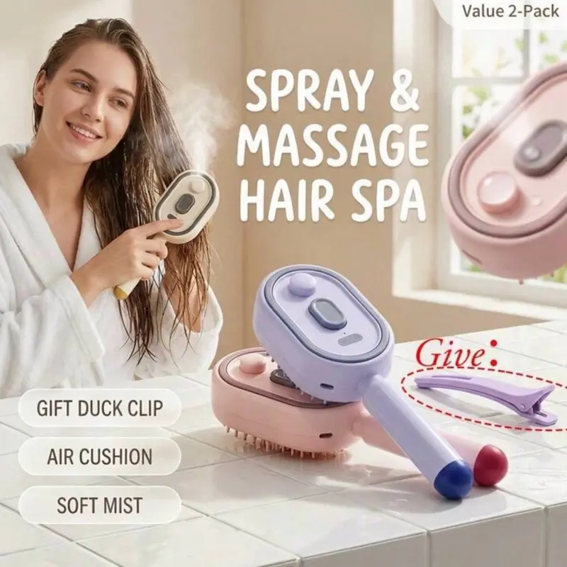 2-Pack Steam Massage Brush Set with Fine Mist Cushion Comb and Free Duck Clips, for Home Spa Daily Use to Tame Frizzy Locks