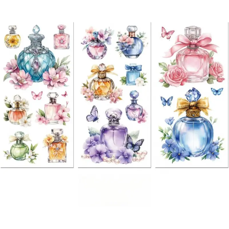 Rub on Transfer Decal Sticker for Furniture Craft Decor 6"x12" Perfume and Flowers, 3Pcs Waterproof UV DTF Transfer for Drawer Dresser Glass Porcelain  Plastic