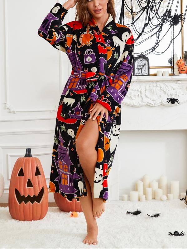 Women's Halloween Castle Witch Picture Pumpkin Monster Ghost Print Glow-in-the-Dark Dressing Gown Thickened Robe Autumn Fleece Warm Loungewear Casual Holiday Pyjamas