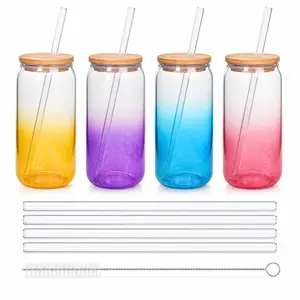 4 Pack Gradient Glass Cups with Bamboo Lids and Glass Straws, 16oz Can Shaped Drinking Glasses Set with Cleaning Brush, Reusable Iced Coffee Cups for Smoothies, Tea, Juice, Soda, Home Kitchen Gifts