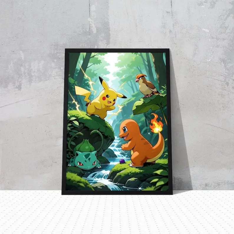 Starter Pikachu Charmander Bulbasaur Pidgey, Anime Poster – Manga Poster – Gamer Room Decor for Kids Teens Anime Fans Graphic Print Design Decoration Artistic