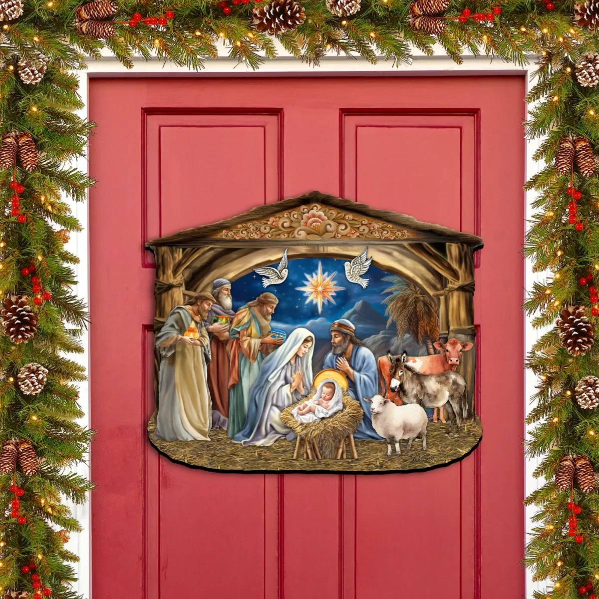 212 MAIN Wooden Christian Nativity Scene Wall Decoration - 24x18 in Artistic Colorful Jesus Birth Design, Hangable Holiday Home Decor Gift for Windows-Doors