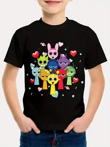 Sprunki Youngsters' Colorful Cartoon Character Cotton T-Shirt  - Short Sleeve, Cotton Blend, Round Neck, Casual & Sporty Design for Outdoor Play and Casual Attire