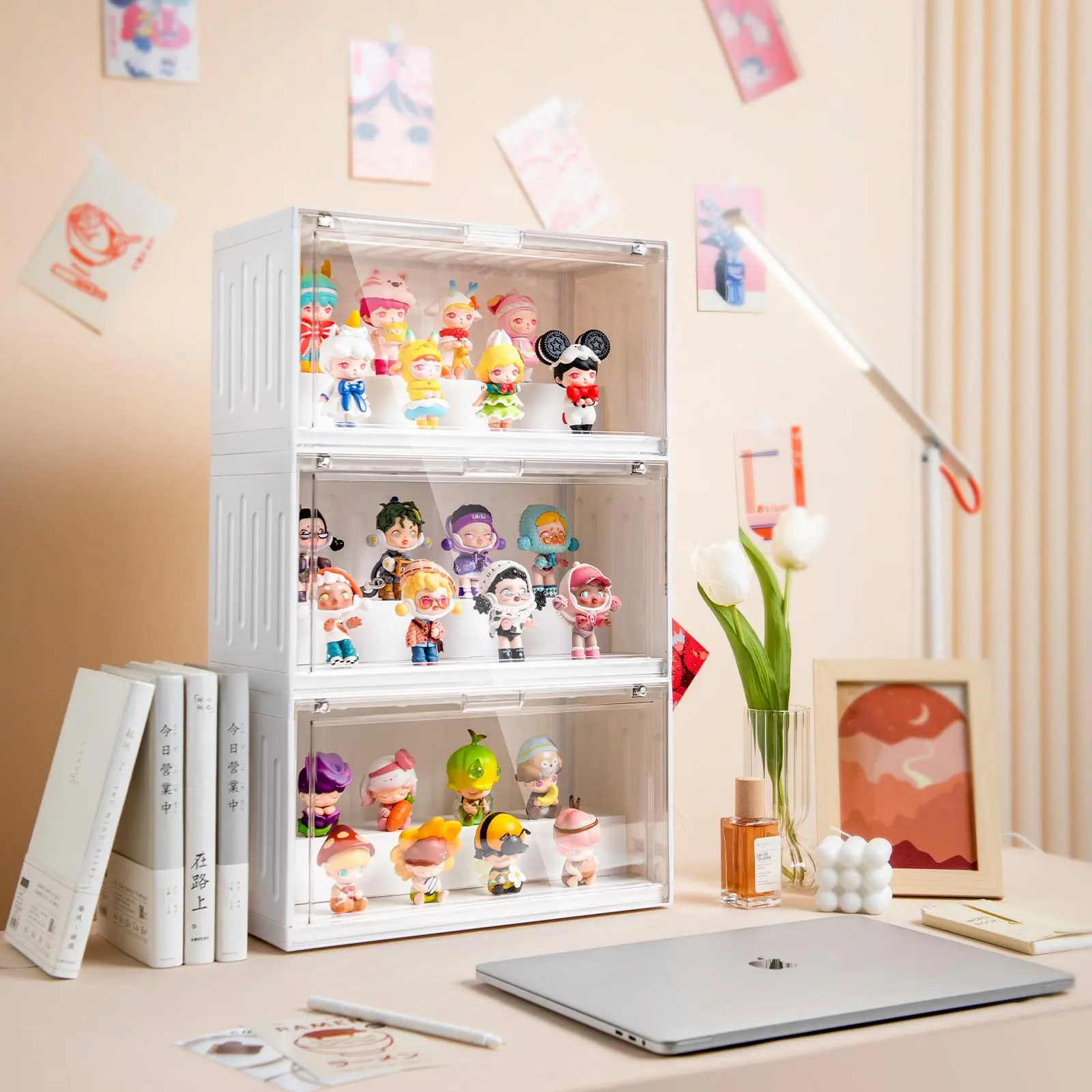 Container Style Blind Box Display Case, Clear Acrylic Collectibles Storage Box with Dustproof Cover, White Stackable Organizer for Pop Figures, Action Figures, Toys, Home Decoration