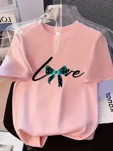 Women's Crew Neck Milk Silk T-Shirt Love Bow Print, Multiple Colors Available, High Elasticity, Breathable Skin-Friendly, Machine Washable, Casual Versatile Soft Top for All Seasons & All Body Types Plus Daily Wear Style Cool Chic