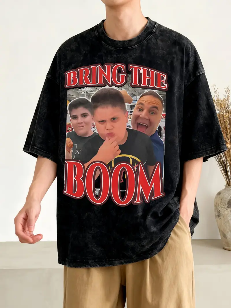 Bring The Boom Rizzler T-Shirt Fashion Short Sleeve Y2K Basic Tops for Summer, O Neck Oversized Apparel, Print T-Shirt for Men, Women, And Unisex, Loose Casual Style in Washed Black, Vintage Streetwear