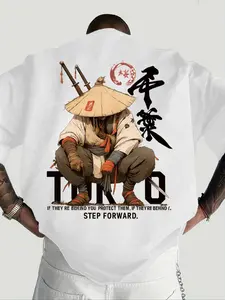 Men's Japanese Samurai 'Heiwa' Graphic Shirt – White Casual Top with Warrior Print, Kanji Dual Swords & Slogan | Ideal for Street Style, Streetwear, Samurai Culture Enthusiasts & Casual Looks | Featuring Soft Fabric, Bold Back Art