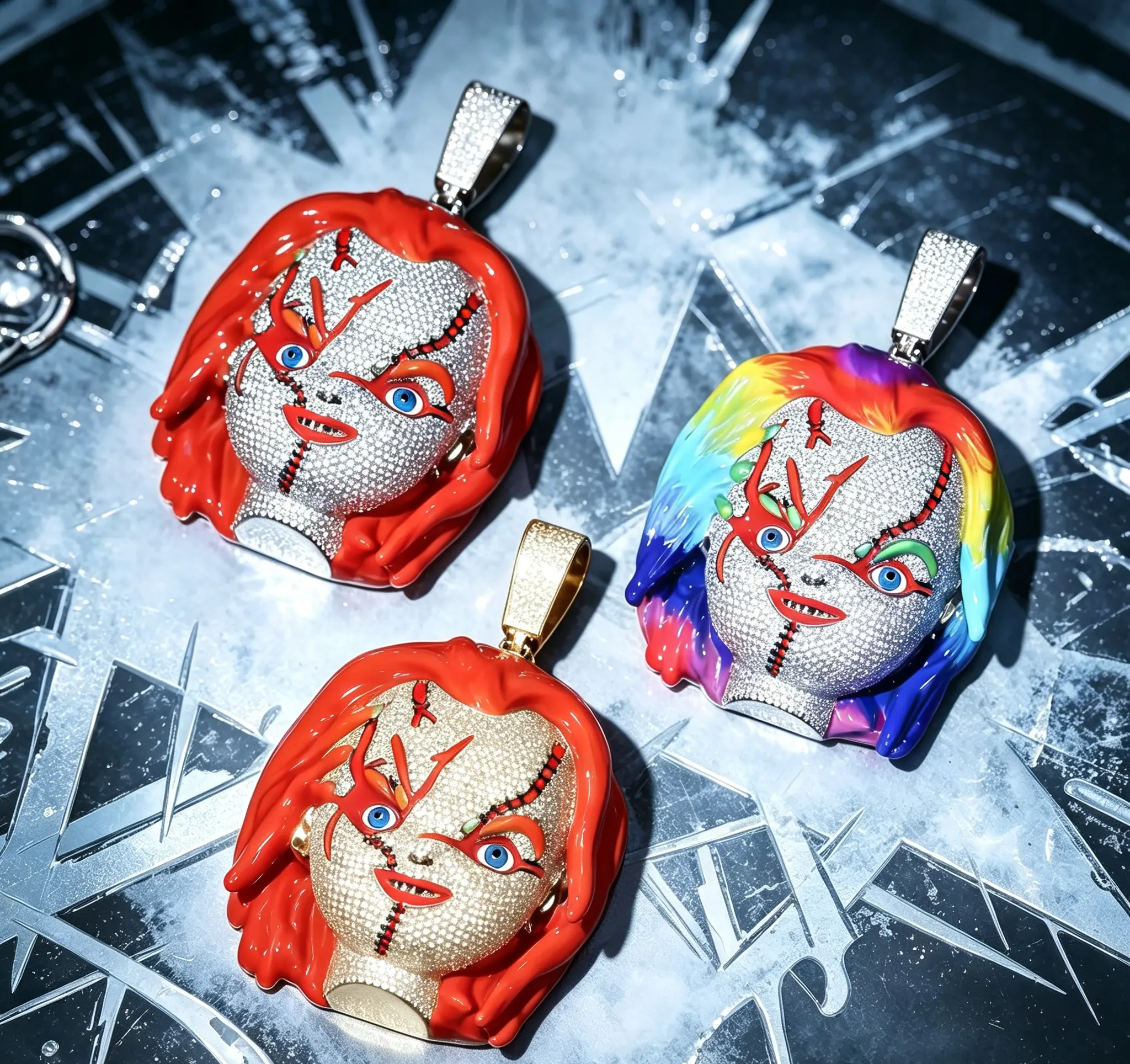 2171  Iced Out Chucky Doll Horror Character Hip Hop Pendant, Spooky Street Bling Statement Necklace for Rapper Party Wear Elevate
