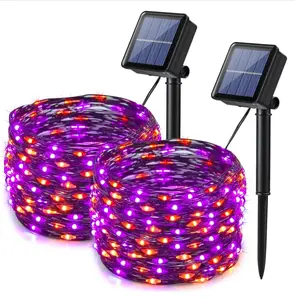 2 Pack Solar Lights, 33ft 100LED Orange Purple Twinkle Fairy Lights Waterproof 8 Modes Outdoor for Halloween Party DIY Decoration Black Wire Spooky Wall