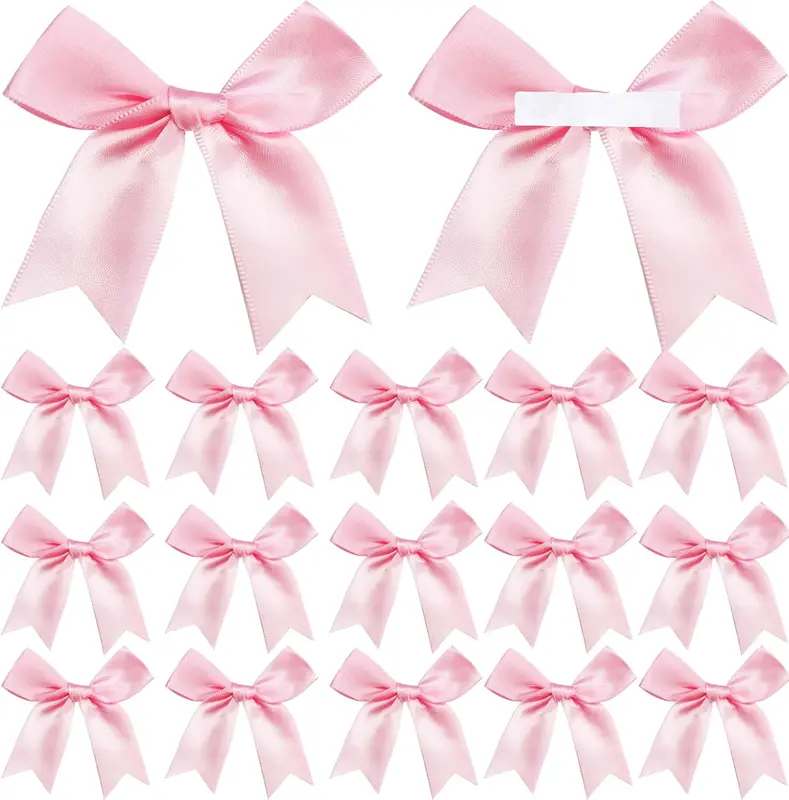 50 Pcs Pink Ribbon Bows, 3.3 Inch Satin Ribbon Bows Large Size Elegant Twist Tie Bow For Cake Premade Tie Bow For Gift Wrapping Wedding Decor Crafts...