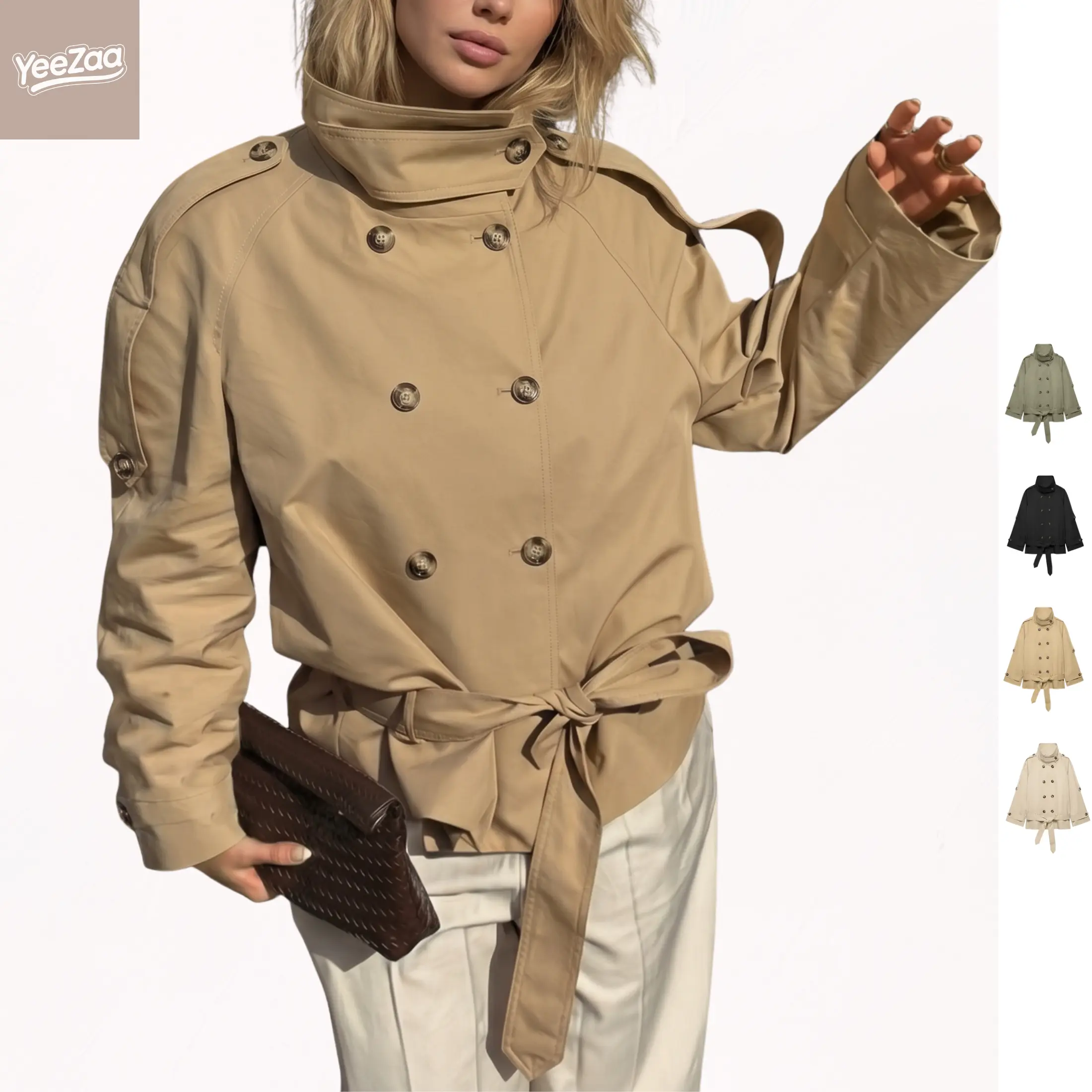 YeeZaa Funnel Collar Trench Coat for Women High Collar Front Double Breasted Fall Winter Coats Windproof Casual Long Sleeves Overcoat with Pockets Adjustable Belted Jackets 2026 Trendy Work Outfits Going Out Street Style Lightweight Chic Outerwear