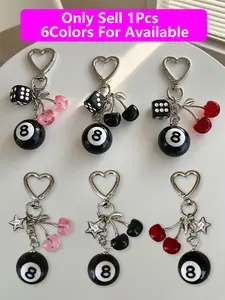 Novelty Pink/ Red/Black Number 8 Billiard Ball,Cherry,Dice & Star Keychain-Billiard Ball Keyring Cherry Pendant Alloy Heart-Shaped Carabiner Keychain with Dice,Ball,Star,Cherry Bags Charms,Y2K Aesthetic Bag Chain Purse Charm Backpack Accessories Women Men