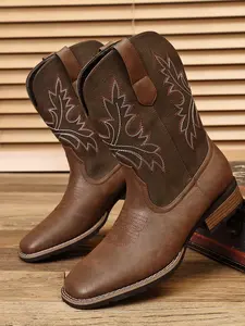 Men's Embroidered Western Boots, Vintage Square Toe Cowboy Shoes, Casual Denim Booties for Men, Stylish and Comfortable Footwear, Vintage Soul Boots