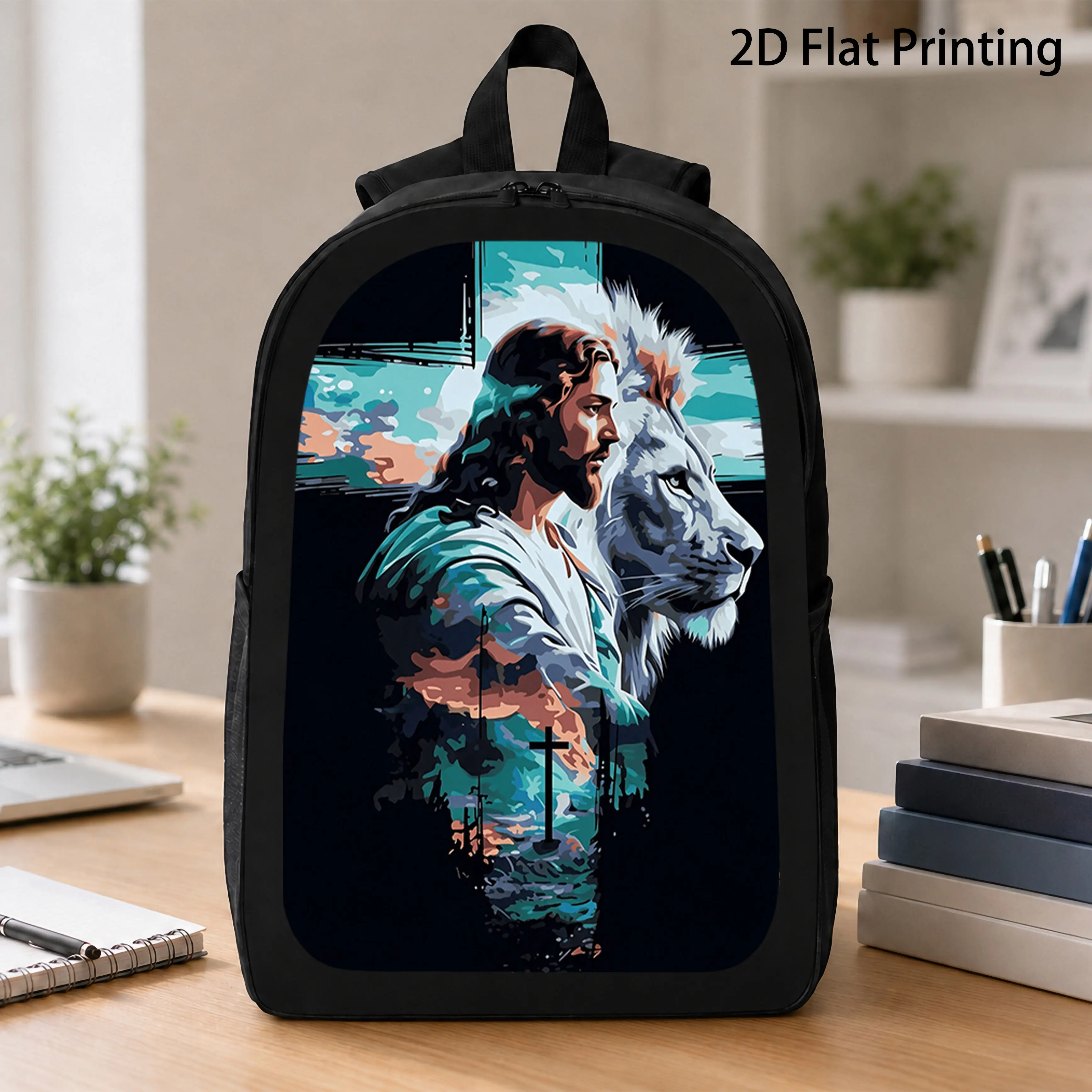 Jesus Lion Print School Backpack, Lightweight Large Capacity Laptop Rucksack with Customizable Straps & Side Pockets, Unisex Bag for Commute Hiking Travel, Ideal Back to School, Birthday, Xmas, Halloween & Thanksgiving Holiday Gift