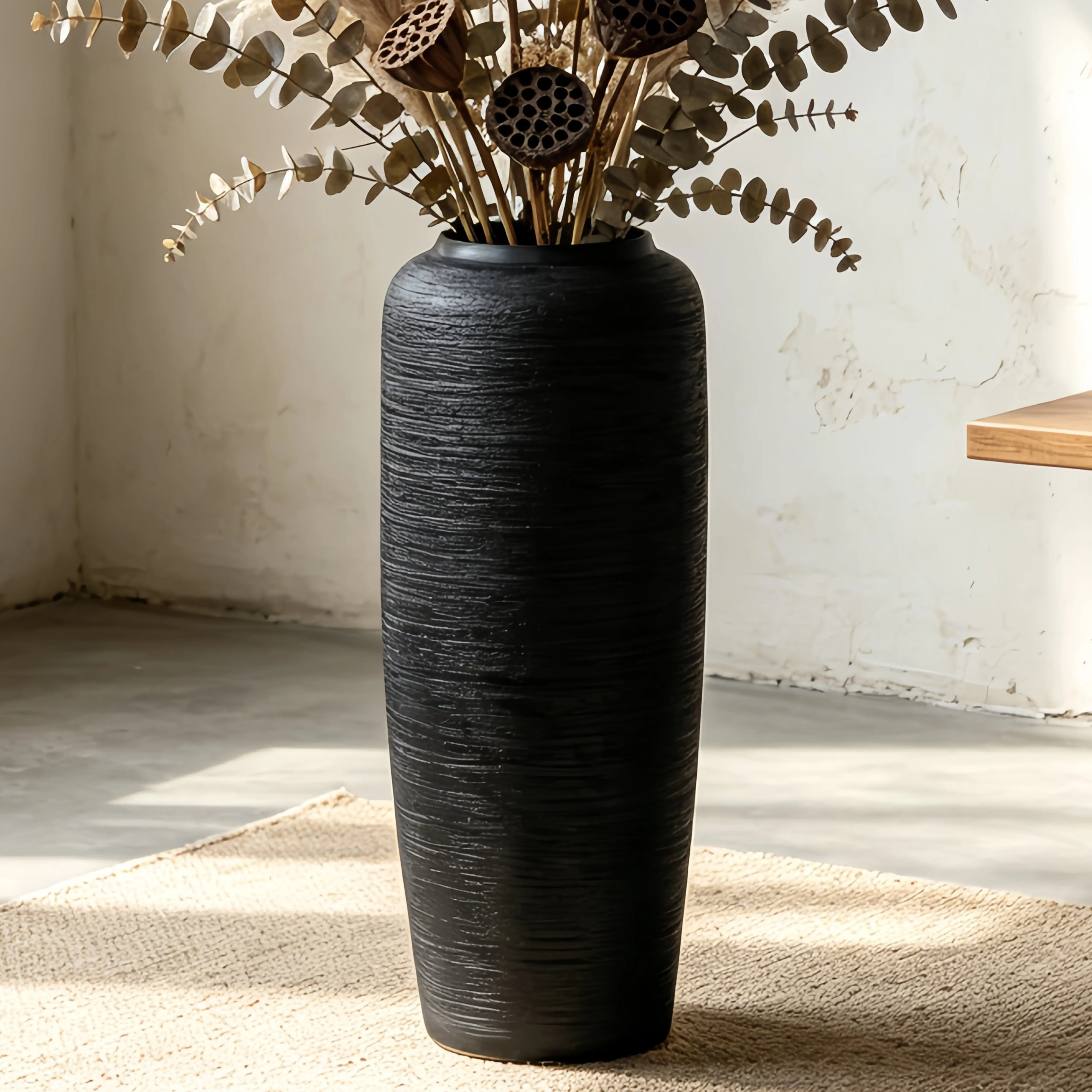 Rustic Black Plain Ceramic Floor Vase (19.7 in/40-60cm), Textured Matte Decorative Vases for Living Room Decor, Housewarming Gift for Mother's Day