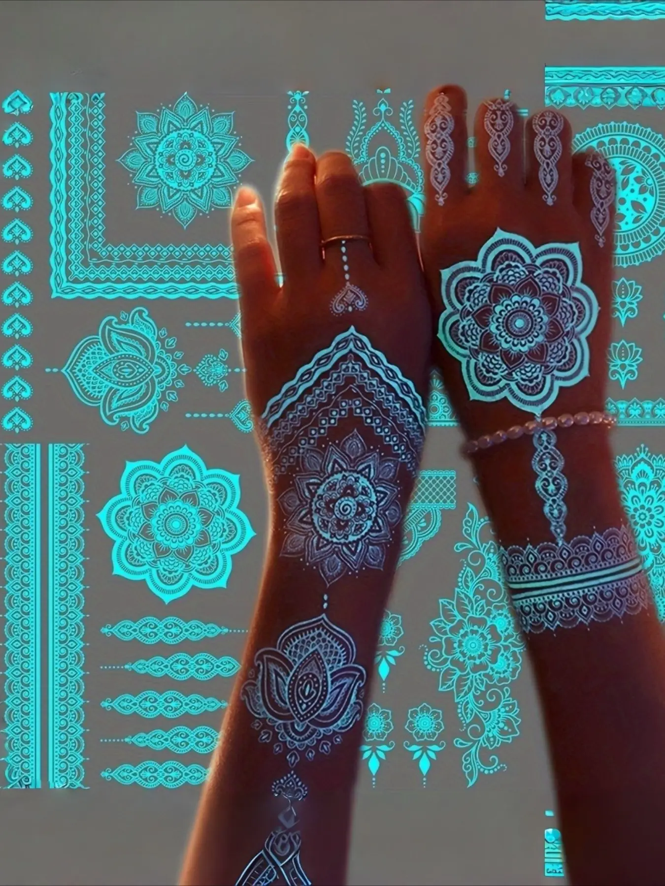 6 Sheets Blue Luminous Tattoo Stickers Tribal White Lace Lotus Tattoos Mandala Flower Fake Jewelry Pendant Pattern, Temporary Tattoos, Glow In The Dark Waterproof Fake Tattoos For Arm Neck Hand Back Finger, Wedding Music Festival Party Supplies