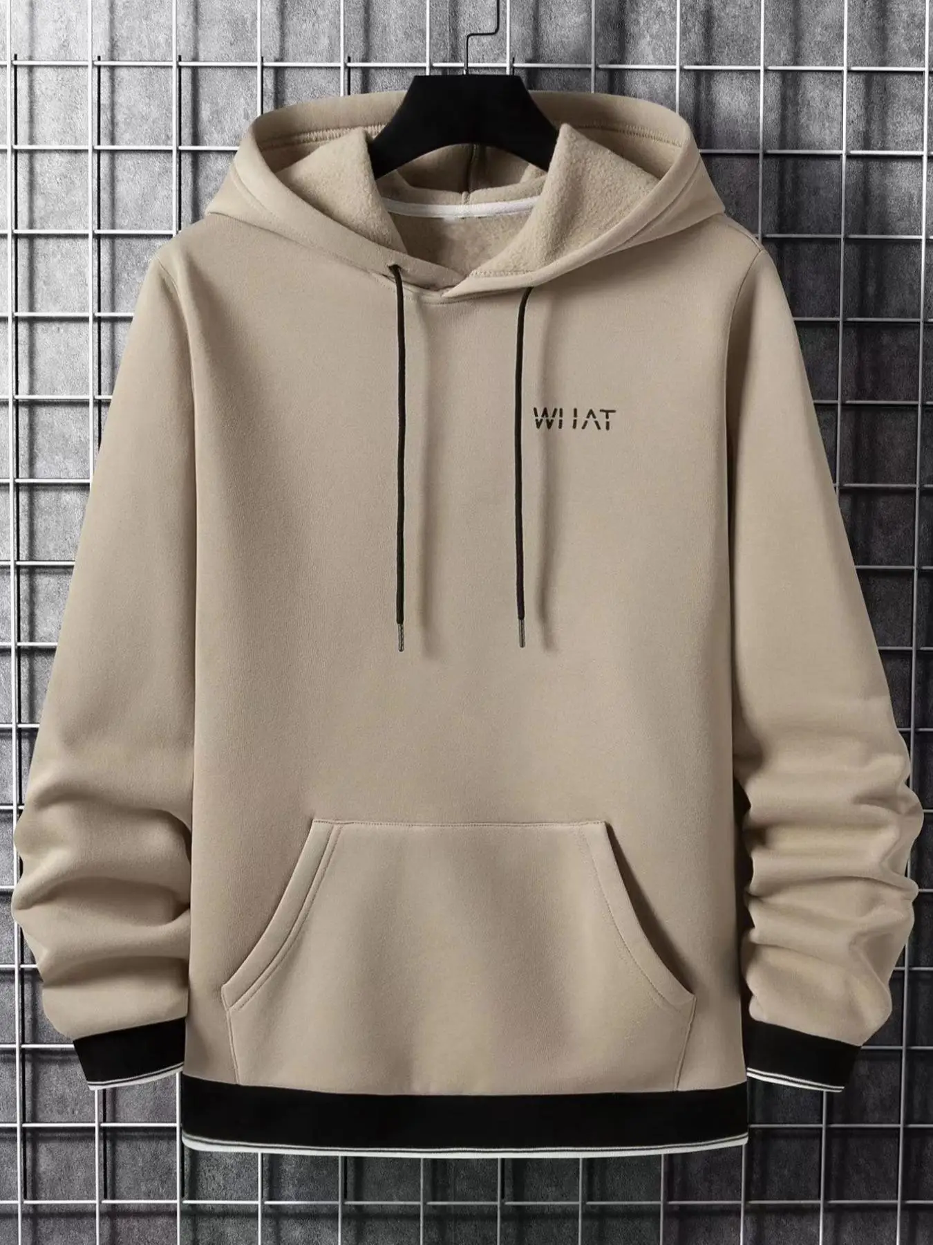 Men's Slim Fit Letter Print Thermal Lined Drawstring Hoodie, Regular Fit Kangaroo Pocket Hooded Sweatshirt, Casual Pullover Tops for Autumn & Winter,