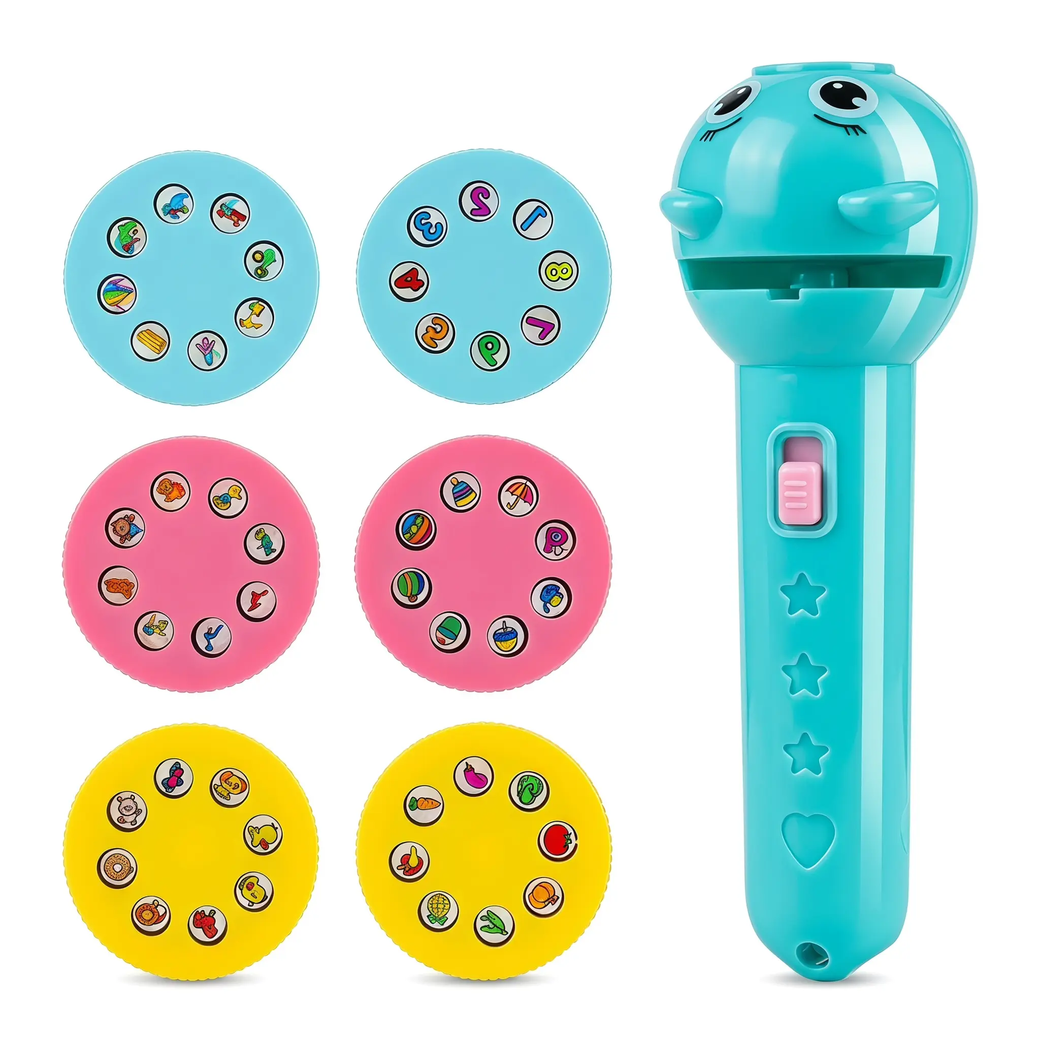 Kids Cartoon Projection Flashlight Toy Educational Early Learning 6 Theme Slides Numbers Transportation Daily Essentials Dinosaurs Animals Vegetables Bedtime Story Projector Soft Light Safe Easy Operation, Bedtime Stories, Boys And Girls