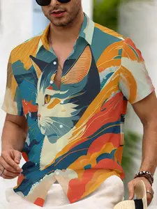 Men's Casual Summer Single-breasted Slim-fit Collared Short-sleeved Stylish Cat Print Shirt Top