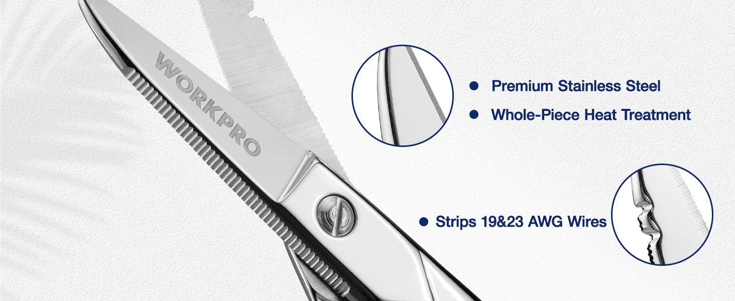 #backtoschool WORKPRO Electrician Scissors, 5-1/5 Inch Heavy Duty Scissors, Nickel-Plated Stainless Steel Snips with 19&23 Stripping Notches for Telecom and Electrical Work
