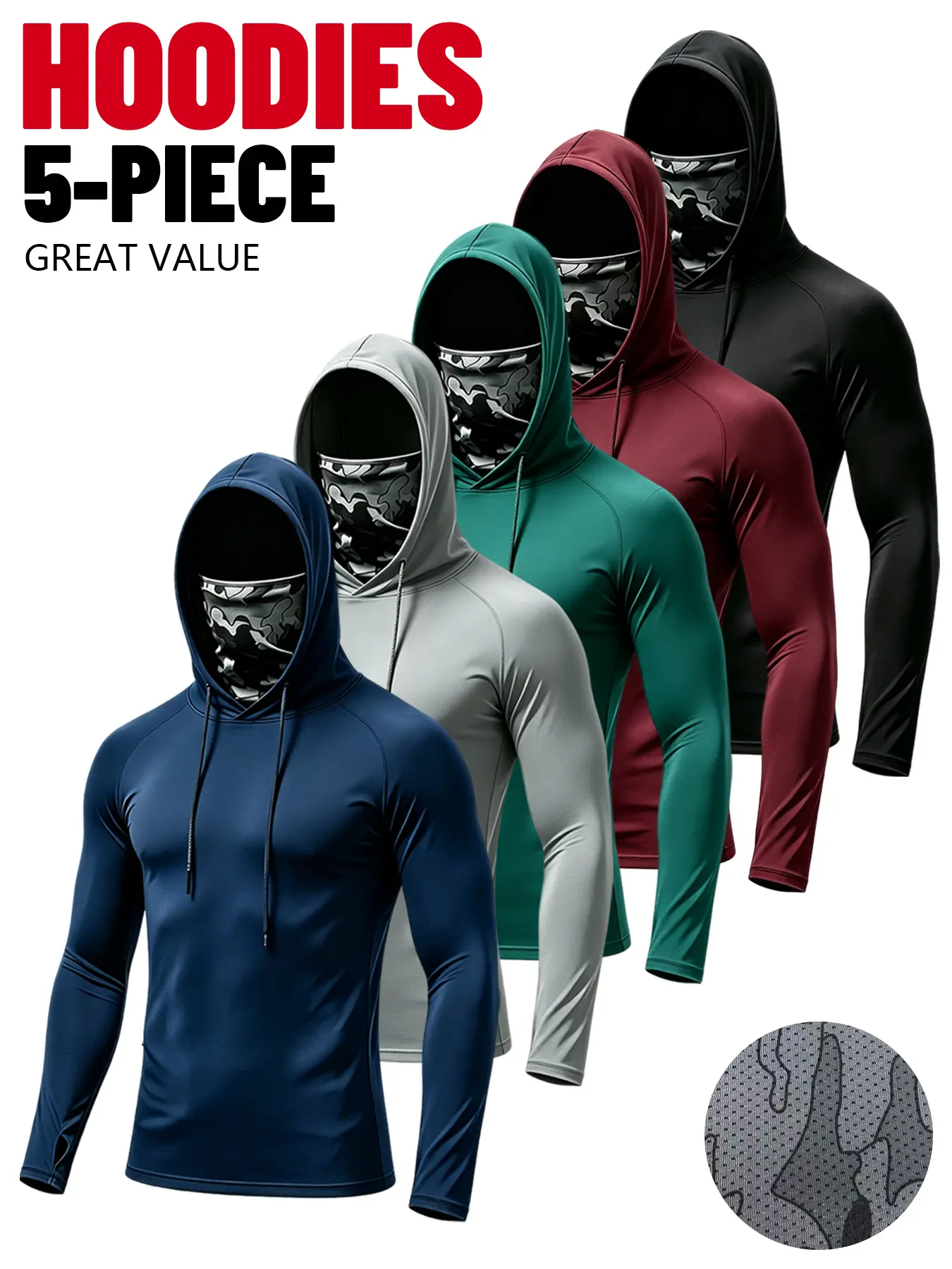5/3-Pack Men's Sun Protection Hoodie with Built-in Face Mask, Quick Dry 4-Way Stretch Compression Slim Fit Long Sleeve Sun Shirts with Thumb Holes Drawstring, UV Sun Protection Dustproof for Outdoor Work Cycling Fishing Hiking Skiing Landscaping