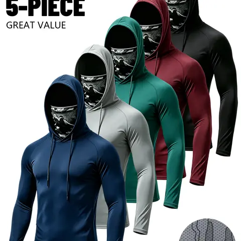 Men's 5-Pack Sun Protection Hoodie Value Set - All Seasons Athletic Sweat-Dry Fast 4-Way Stretch Compression Fit Long Sleeve Shirt with Built-in Face Mask, Thumb Holes, Drawstring, Dustproof for Outdoor Work, Cycling
