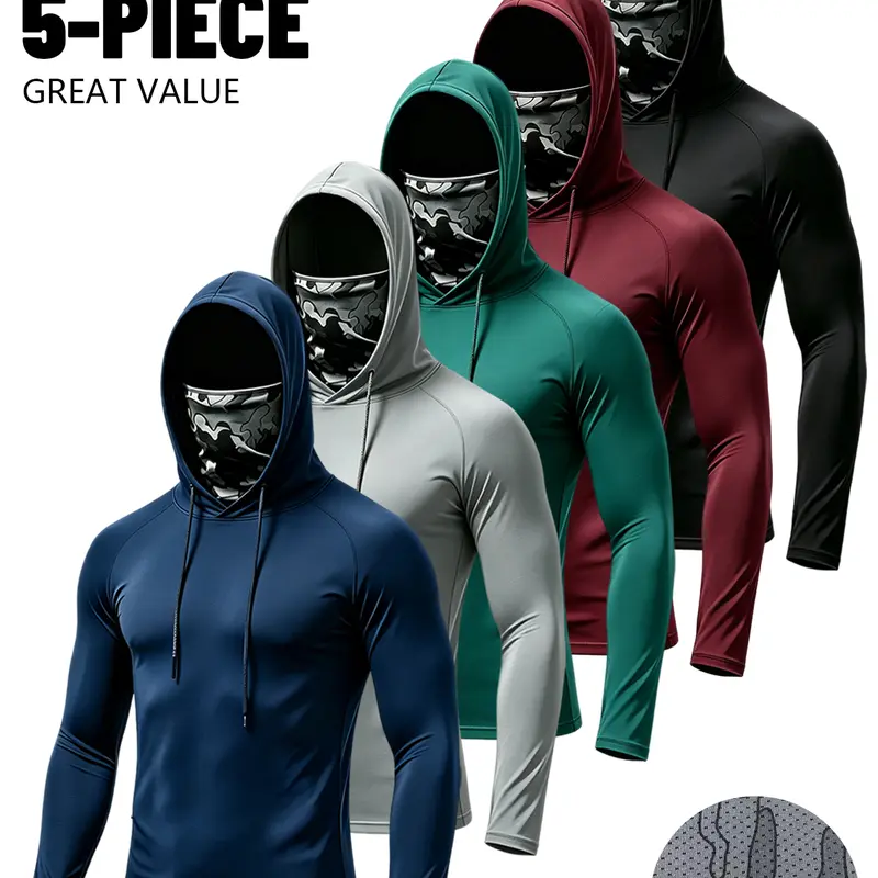 Men's 5-Pack Sun Protection Hoodie Value Set - All Seasons Athletic Sweat-Dry Fast 4-Way Stretch Compression Fit Long Sleeve Shirt with Built-in Face Mask, Thumb Holes, Drawstring, Dustproof for Outdoor Work, Cycling