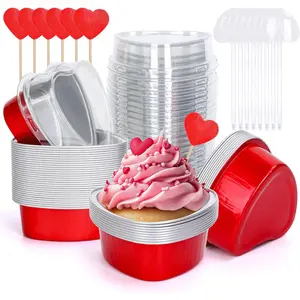 100 count Valentine Heart Shaped Cake Pans 3.5oz Red Mini  Foil Baking Cups with  Spoons Disposable Cupcake Topper for Valentine Wedding Party Mother's Day Birthday