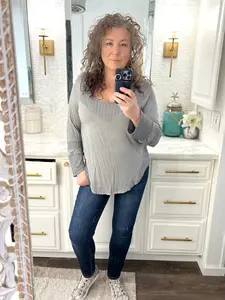 POL Grey Long Sleeve Scoop Neck Textured Top