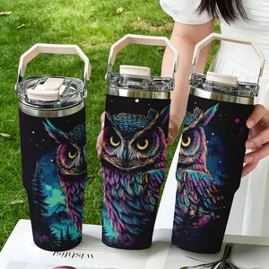 30oz Stainless Steel Handheld Pot, Owl Print Design, Dual-Layer Vacuum Insulated, Portable Travel Mug with Lid, Insulated Tumbler Cup, Flasks, Drinkware, Gift for Parents Friends Teachers