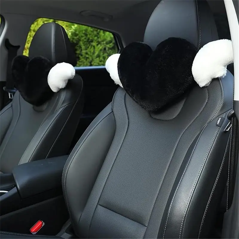 2-Pack Cute Heart-Shaped Car Headrest Pillows with Angel Wings - Black Love Heart, 21.6*9.8*4.5 Inches, All Seasons Use for Office Chairs, Bed, Cafe