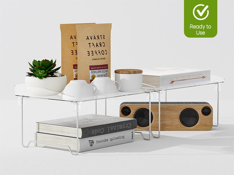 2 Pcs Cabinet Organizer Shelf, Stackable Kitchen Counter Shelves, Spice Rack, Countertop Organizers, Clear Plastic Storage Shelves Rack for Makeup, Bathroom, Cupboard, Desk, Pantry Organization