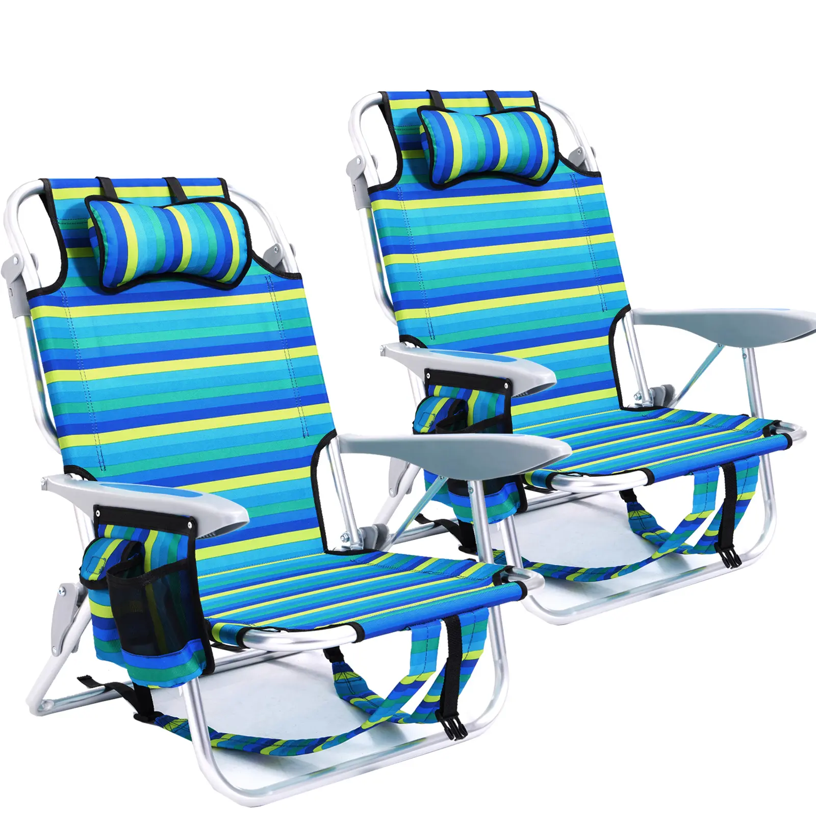 【Summer Turn Up】Portable Beach Chair for Adults, Outdoor Camping Chair Lay Flat Folding Backpack Beach Reclining Chair with 4 Positions, Headrest, Cup Holder, Beach Style
